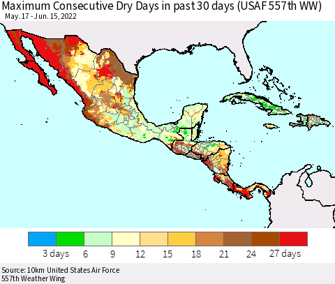 Mexico Central America and the Caribbean Maximum Consecutive Dry Days in past 30 days (USAF 557th WW) 06/15/2022 Thematic Map For 6/11/2022 - 6/15/2022