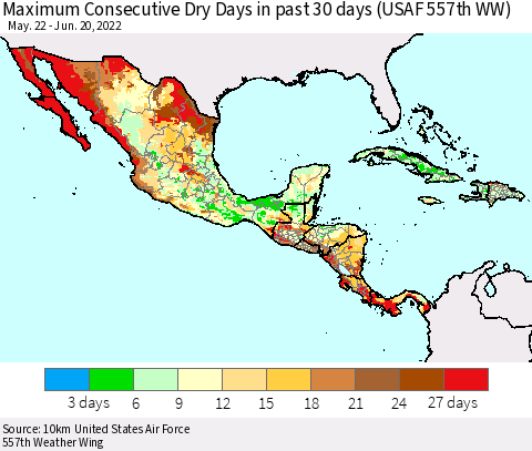 Mexico Central America and the Caribbean Maximum Consecutive Dry Days in past 30 days (USAF 557th WW) 06/20/2022 Thematic Map For 6/16/2022 - 6/20/2022