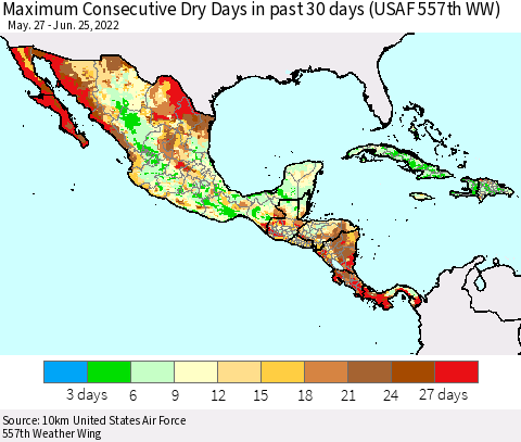 Mexico Central America and the Caribbean Maximum Consecutive Dry Days in past 30 days (USAF 557th WW) 06/25/2022 Thematic Map For 6/21/2022 - 6/25/2022