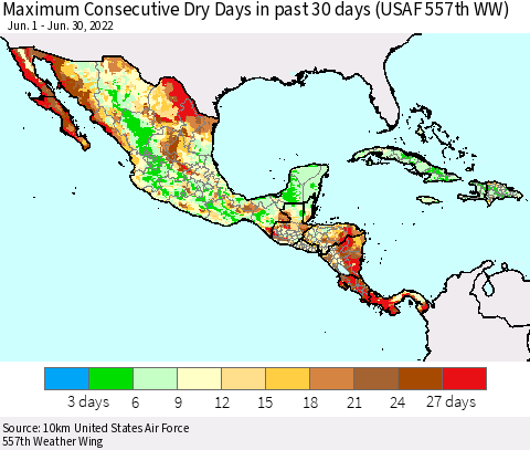 Mexico Central America and the Caribbean Maximum Consecutive Dry Days in past 30 days (USAF 557th WW) 06/30/2022 Thematic Map For 6/26/2022 - 6/30/2022