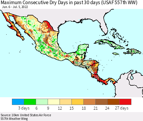 Mexico Central America and the Caribbean Maximum Consecutive Dry Days in past 30 days (USAF 557th WW) 07/05/2022 Thematic Map For 7/1/2022 - 7/5/2022
