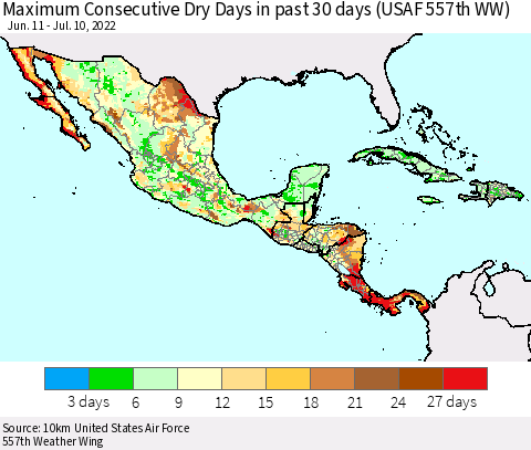 Mexico Central America and the Caribbean Maximum Consecutive Dry Days in past 30 days (USAF 557th WW) 07/10/2022 Thematic Map For 7/6/2022 - 7/10/2022