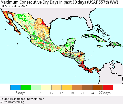 Mexico Central America and the Caribbean Maximum Consecutive Dry Days in past 30 days (USAF 557th WW) 07/15/2022 Thematic Map For 7/11/2022 - 7/15/2022
