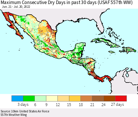 Mexico Central America and the Caribbean Maximum Consecutive Dry Days in past 30 days (USAF 557th WW) 07/20/2022 Thematic Map For 7/16/2022 - 7/20/2022