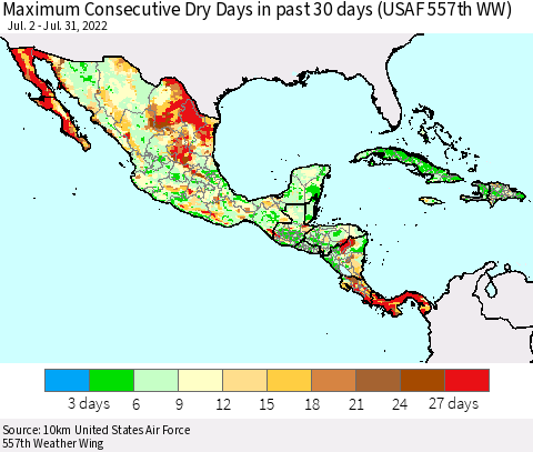 Mexico Central America and the Caribbean Maximum Consecutive Dry Days in past 30 days (USAF 557th WW) 07/31/2022 Thematic Map For 7/26/2022 - 7/31/2022