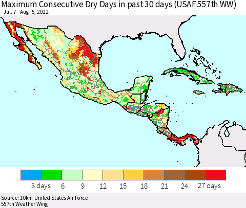 Mexico Central America and the Caribbean Maximum Consecutive Dry Days in past 30 days (USAF 557th WW) 08/05/2022 Thematic Map For 8/1/2022 - 8/5/2022