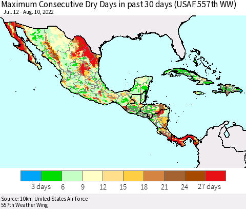 Mexico Central America and the Caribbean Maximum Consecutive Dry Days in past 30 days (USAF 557th WW) 08/10/2022 Thematic Map For 8/6/2022 - 8/10/2022