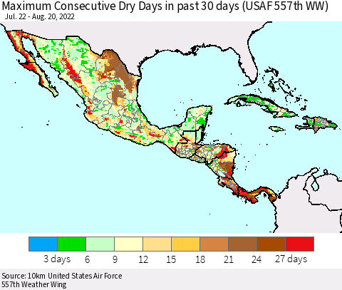 Mexico Central America and the Caribbean Maximum Consecutive Dry Days in past 30 days (USAF 557th WW) 08/20/2022 Thematic Map For 8/16/2022 - 8/20/2022