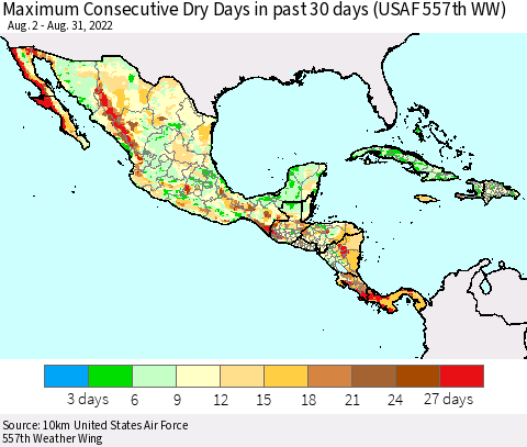 Mexico Central America and the Caribbean Maximum Consecutive Dry Days in past 30 days (USAF 557th WW) 08/31/2022 Thematic Map For 8/26/2022 - 8/31/2022