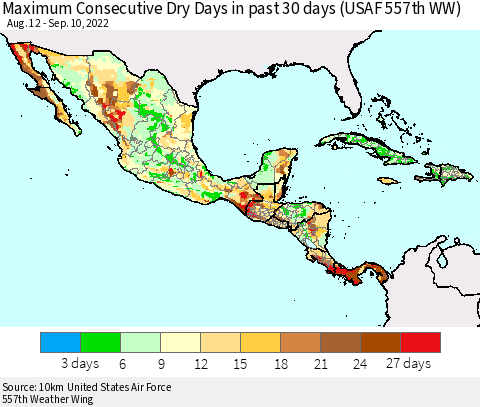 Mexico Central America and the Caribbean Maximum Consecutive Dry Days in past 30 days (USAF 557th WW) 09/10/2022 Thematic Map For 9/6/2022 - 9/10/2022