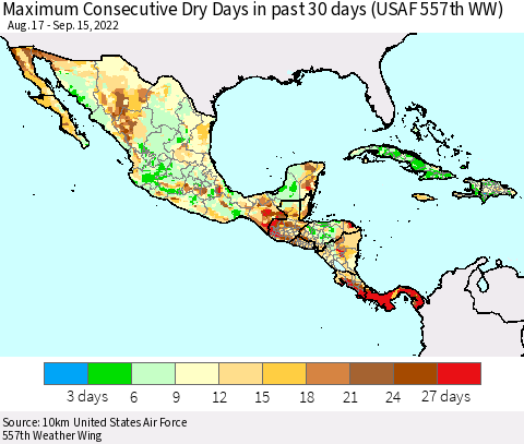 Mexico Central America and the Caribbean Maximum Consecutive Dry Days in past 30 days (USAF 557th WW) 09/15/2022 Thematic Map For 9/11/2022 - 9/15/2022