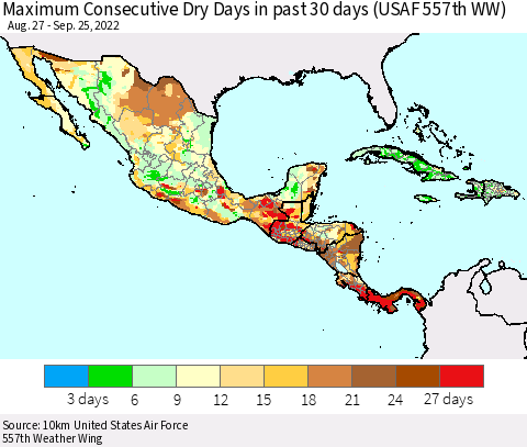Mexico Central America and the Caribbean Maximum Consecutive Dry Days in past 30 days (USAF 557th WW) 09/25/2022 Thematic Map For 9/21/2022 - 9/25/2022
