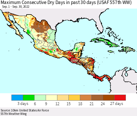 Mexico Central America and the Caribbean Maximum Consecutive Dry Days in past 30 days (USAF 557th WW) 09/30/2022 Thematic Map For 9/26/2022 - 9/30/2022