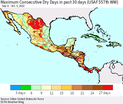 Mexico Central America and the Caribbean Maximum Consecutive Dry Days in past 30 days (USAF 557th WW) 10/05/2022 Thematic Map For 10/1/2022 - 10/5/2022