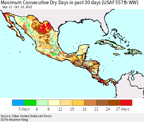 Mexico Central America and the Caribbean Maximum Consecutive Dry Days in past 30 days (USAF 557th WW) 10/10/2022 Thematic Map For 10/6/2022 - 10/10/2022