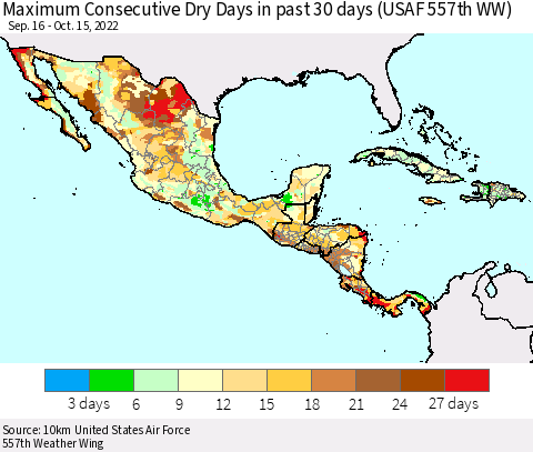 Mexico Central America and the Caribbean Maximum Consecutive Dry Days in past 30 days (USAF 557th WW) 10/15/2022 Thematic Map For 10/11/2022 - 10/15/2022