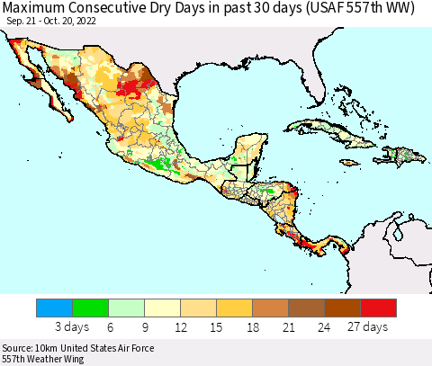 Mexico Central America and the Caribbean Maximum Consecutive Dry Days in past 30 days (USAF 557th WW) 10/20/2022 Thematic Map For 10/16/2022 - 10/20/2022