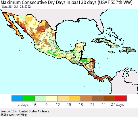 Mexico Central America and the Caribbean Maximum Consecutive Dry Days in past 30 days (USAF 557th WW) 10/25/2022 Thematic Map For 10/21/2022 - 10/25/2022
