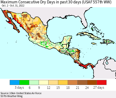 Mexico Central America and the Caribbean Maximum Consecutive Dry Days in past 30 days (USAF 557th WW) 10/31/2022 Thematic Map For 10/26/2022 - 10/31/2022