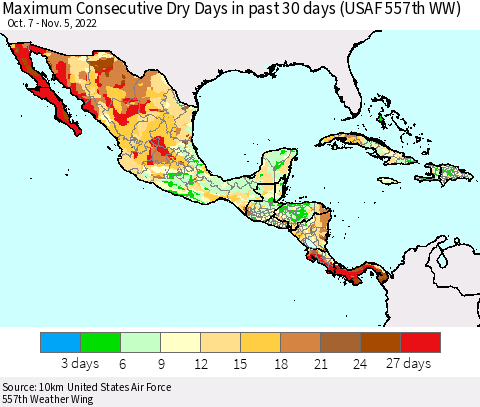 Mexico Central America and the Caribbean Maximum Consecutive Dry Days in past 30 days (USAF 557th WW) 11/05/2022 Thematic Map For 11/1/2022 - 11/5/2022