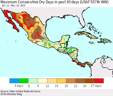 Mexico Central America and the Caribbean Maximum Consecutive Dry Days in past 30 days (USAF 557th WW) 11/10/2022 Thematic Map For 11/6/2022 - 11/10/2022