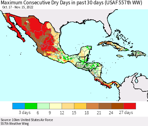 Mexico Central America and the Caribbean Maximum Consecutive Dry Days in past 30 days (USAF 557th WW) 11/15/2022 Thematic Map For 11/11/2022 - 11/15/2022