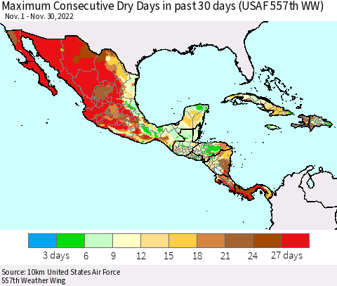 Mexico Central America and the Caribbean Maximum Consecutive Dry Days in past 30 days (USAF 557th WW) 11/30/2022 Thematic Map For 11/26/2022 - 11/30/2022