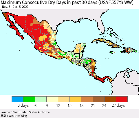 Mexico Central America and the Caribbean Maximum Consecutive Dry Days in past 30 days (USAF 557th WW) 12/05/2022 Thematic Map For 12/1/2022 - 12/5/2022