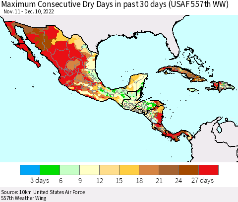 Mexico Central America and the Caribbean Maximum Consecutive Dry Days in past 30 days (USAF 557th WW) 12/10/2022 Thematic Map For 12/6/2022 - 12/10/2022