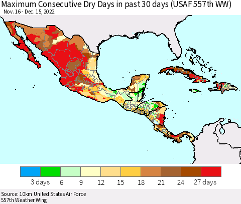 Mexico Central America and the Caribbean Maximum Consecutive Dry Days in past 30 days (USAF 557th WW) 12/15/2022 Thematic Map For 12/11/2022 - 12/15/2022