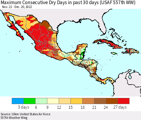 Mexico Central America and the Caribbean Maximum Consecutive Dry Days in past 30 days (USAF 557th WW) 12/20/2022 Thematic Map For 12/16/2022 - 12/20/2022