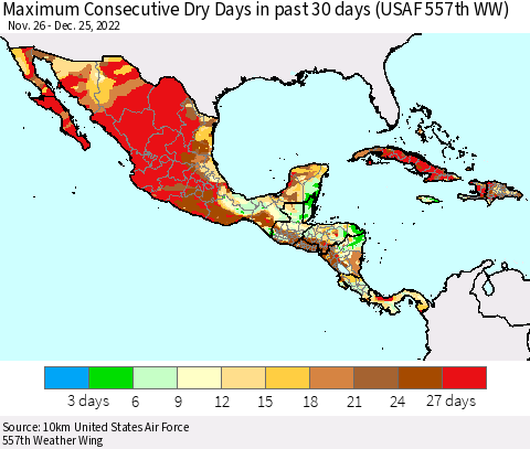 Mexico Central America and the Caribbean Maximum Consecutive Dry Days in past 30 days (USAF 557th WW) 12/25/2022 Thematic Map For 12/21/2022 - 12/25/2022