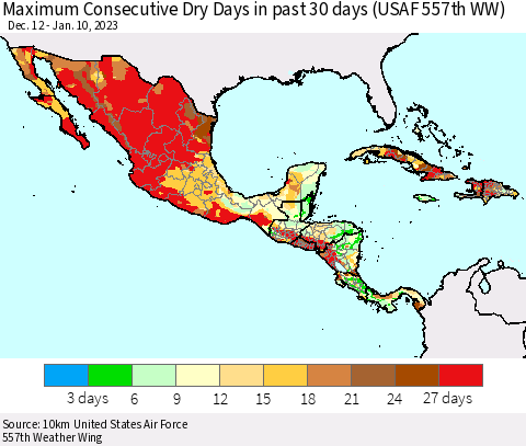 Mexico Central America and the Caribbean Maximum Consecutive Dry Days in past 30 days (USAF 557th WW) 01/10/2023 Thematic Map For 1/6/2023 - 1/10/2023