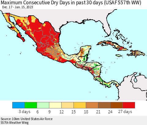 Mexico Central America and the Caribbean Maximum Consecutive Dry Days in past 30 days (USAF 557th WW) 01/15/2023 Thematic Map For 1/11/2023 - 1/15/2023