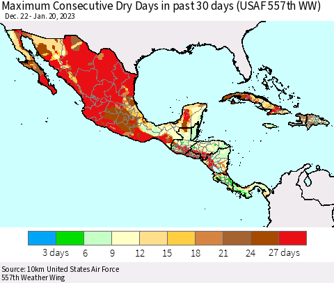 Mexico Central America and the Caribbean Maximum Consecutive Dry Days in past 30 days (USAF 557th WW) 01/20/2023 Thematic Map For 1/16/2023 - 1/20/2023