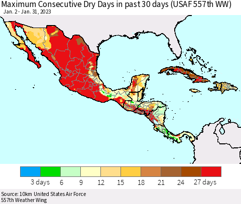 Mexico Central America and the Caribbean Maximum Consecutive Dry Days in past 30 days (USAF 557th WW) 01/31/2023 Thematic Map For 1/26/2023 - 1/31/2023