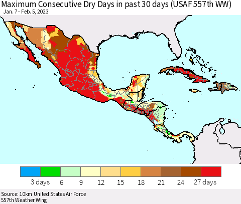 Mexico Central America and the Caribbean Maximum Consecutive Dry Days in past 30 days (USAF 557th WW) 02/05/2023 Thematic Map For 2/1/2023 - 2/5/2023