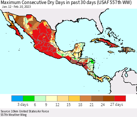 Mexico Central America and the Caribbean Maximum Consecutive Dry Days in past 30 days (USAF 557th WW) 02/10/2023 Thematic Map For 2/6/2023 - 2/10/2023