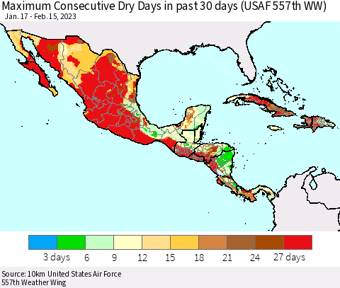 Mexico Central America and the Caribbean Maximum Consecutive Dry Days in past 30 days (USAF 557th WW) 02/15/2023 Thematic Map For 2/11/2023 - 2/15/2023