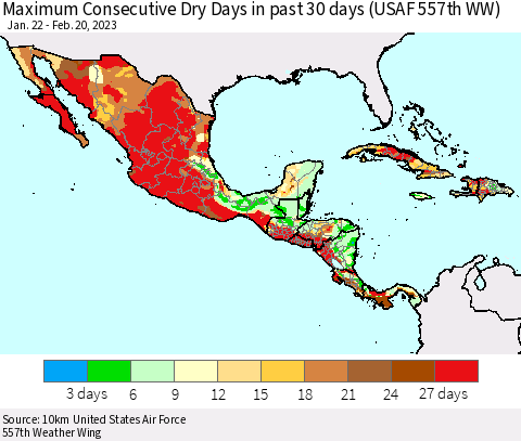 Mexico Central America and the Caribbean Maximum Consecutive Dry Days in past 30 days (USAF 557th WW) 02/20/2023 Thematic Map For 2/16/2023 - 2/20/2023