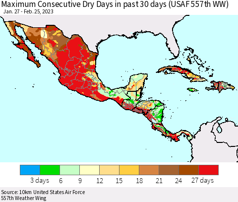 Mexico Central America and the Caribbean Maximum Consecutive Dry Days in past 30 days (USAF 557th WW) 02/25/2023 Thematic Map For 2/21/2023 - 2/25/2023