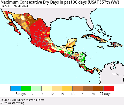 Mexico Central America and the Caribbean Maximum Consecutive Dry Days in past 30 days (USAF 557th WW) 02/28/2023 Thematic Map For 2/26/2023 - 2/28/2023