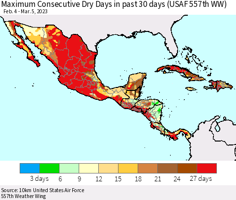 Mexico Central America and the Caribbean Maximum Consecutive Dry Days in past 30 days (USAF 557th WW) 03/05/2023 Thematic Map For 3/1/2023 - 3/5/2023