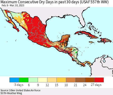 Mexico Central America and the Caribbean Maximum Consecutive Dry Days in past 30 days (USAF 557th WW) 03/10/2023 Thematic Map For 3/6/2023 - 3/10/2023