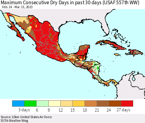 Mexico Central America and the Caribbean Maximum Consecutive Dry Days in past 30 days (USAF 557th WW) 03/15/2023 Thematic Map For 3/11/2023 - 3/15/2023