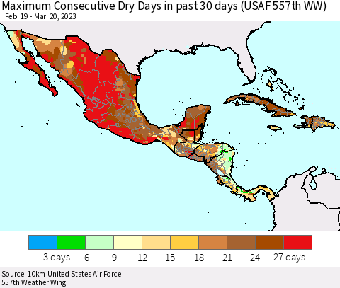 Mexico Central America and the Caribbean Maximum Consecutive Dry Days in past 30 days (USAF 557th WW) 03/20/2023 Thematic Map For 3/16/2023 - 3/20/2023