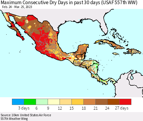 Mexico Central America and the Caribbean Maximum Consecutive Dry Days in past 30 days (USAF 557th WW) 03/25/2023 Thematic Map For 3/21/2023 - 3/25/2023