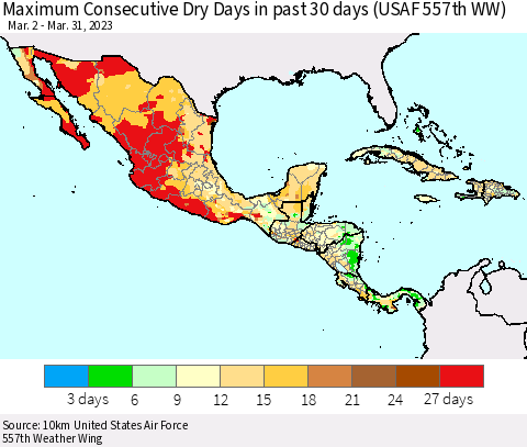 Mexico Central America and the Caribbean Maximum Consecutive Dry Days in past 30 days (USAF 557th WW) 03/31/2023 Thematic Map For 3/26/2023 - 3/31/2023