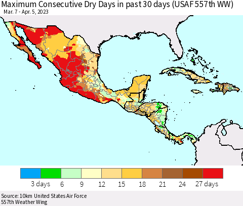 Mexico Central America and the Caribbean Maximum Consecutive Dry Days in past 30 days (USAF 557th WW) 04/05/2023 Thematic Map For 4/1/2023 - 4/5/2023