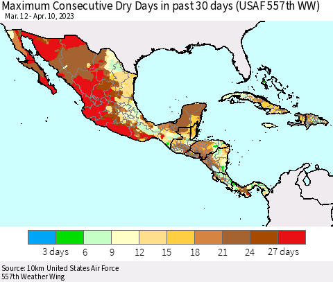 Mexico Central America and the Caribbean Maximum Consecutive Dry Days in past 30 days (USAF 557th WW) 04/10/2023 Thematic Map For 4/6/2023 - 4/10/2023